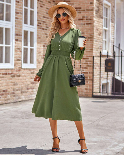 Women's V-neck waist solid color mid-length dress