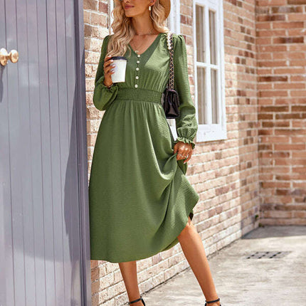 Women's V-neck waist solid color mid-length dress