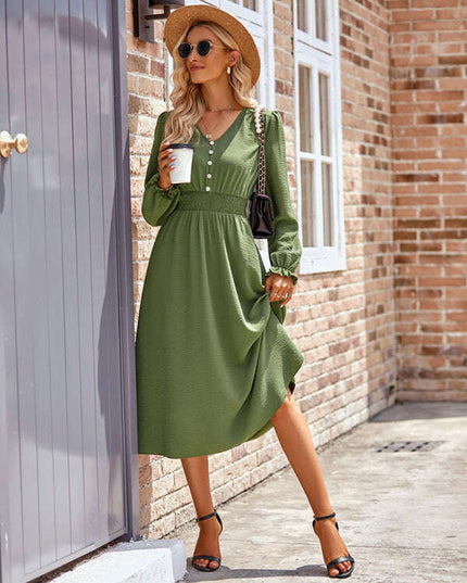 Women's V-neck waist solid color mid-length dress