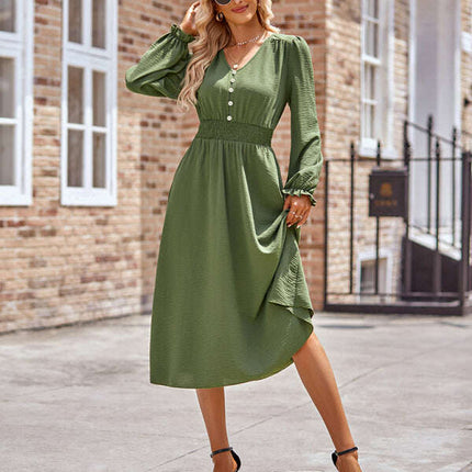Women's V-neck waist solid color mid-length dress