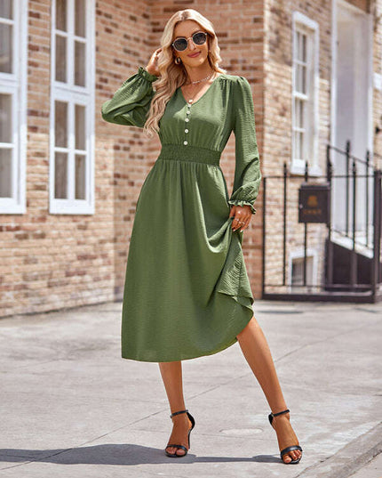 Women's V-neck waist solid color mid-length dress