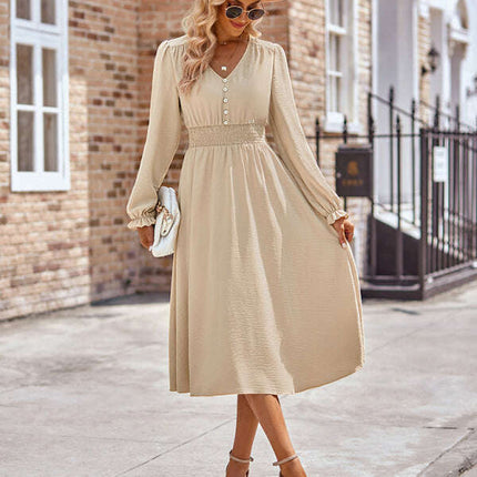 Women's V-neck waist solid color mid-length dress