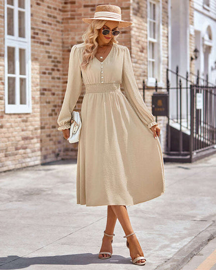 Women's V-neck waist solid color mid-length dress