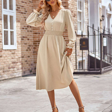 Women's V-neck waist solid color mid-length dress