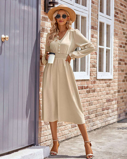 Women's V-neck waist solid color mid-length dress