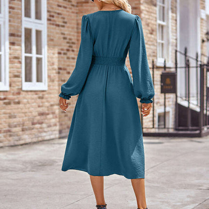 Women's V-neck waist solid color mid-length dress