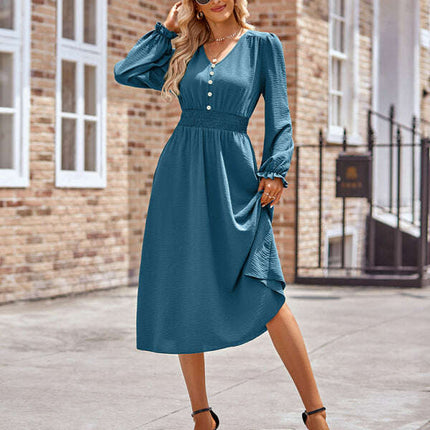 Women's V-neck waist solid color mid-length dress