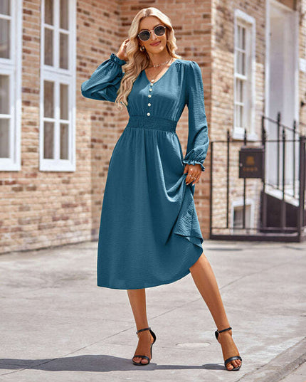 Women's V-neck waist solid color mid-length dress