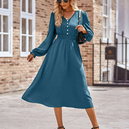 Women's V-neck waist solid color mid-length dress