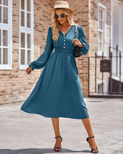 Women's V-neck waist solid color mid-length dress