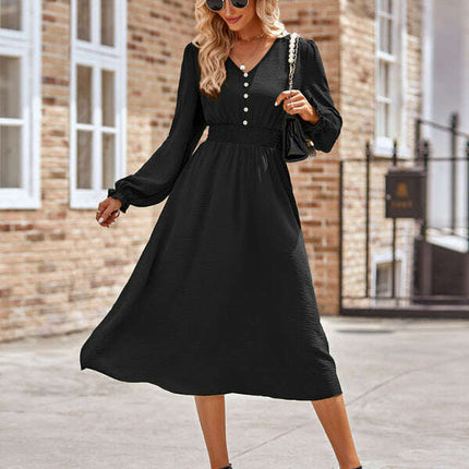 Women's V-neck waist solid color mid-length dress