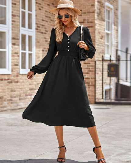 Women's V-neck waist solid color mid-length dress