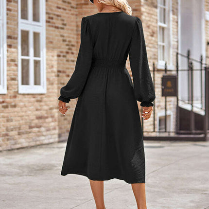 Women's V-neck waist solid color mid-length dress