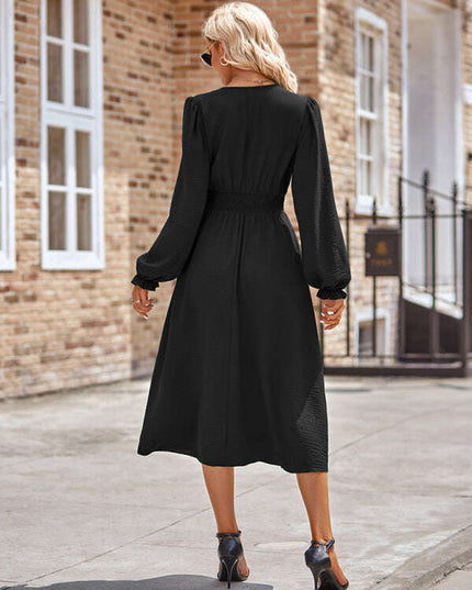 Women's V-neck waist solid color mid-length dress