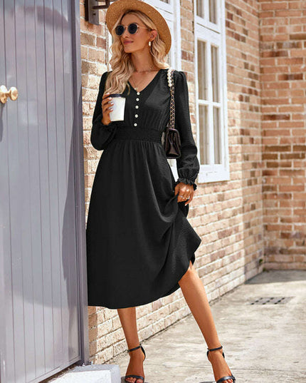 Women's V-neck waist solid color mid-length dress