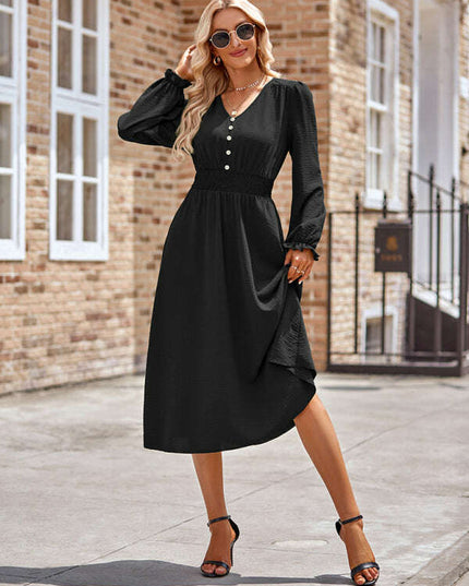 Women's V-neck waist solid color mid-length dress