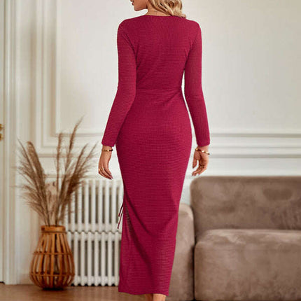 Women's casual U-neck slit drawstring long-sleeved dress