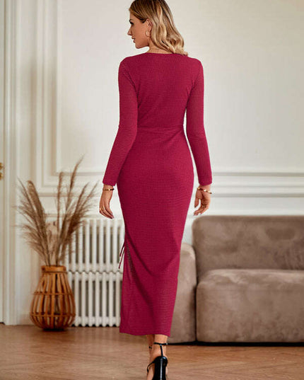 Women's casual U-neck slit drawstring long-sleeved dress