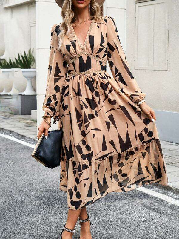 Elegant Printed V-Neck Long-Sleeve Dress - Stylish Resort Attire for Women