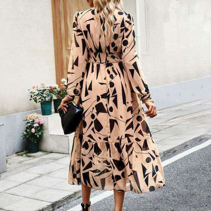 Elegant Printed V-Neck Long-Sleeve Dress - Stylish Resort Attire for Women