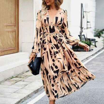 Elegant Printed V-Neck Long-Sleeve Dress - Stylish Resort Attire for Women