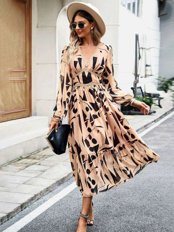 Elegant Printed V-Neck Long-Sleeve Dress - Stylish Resort Attire for Women