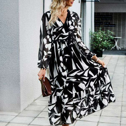 Elegant Printed V-Neck Long-Sleeve Dress - Stylish Resort Attire for Women