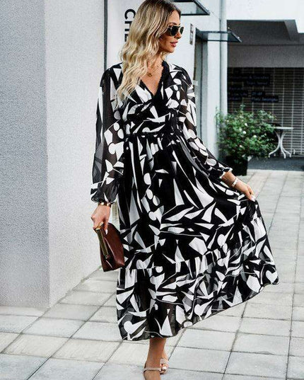 Elegant Printed V-Neck Long-Sleeve Dress - Stylish Resort Attire for Women