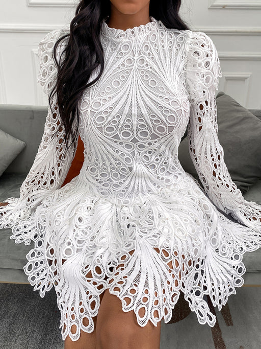 White Lace Hollow Dress with Elegant Flair for Women