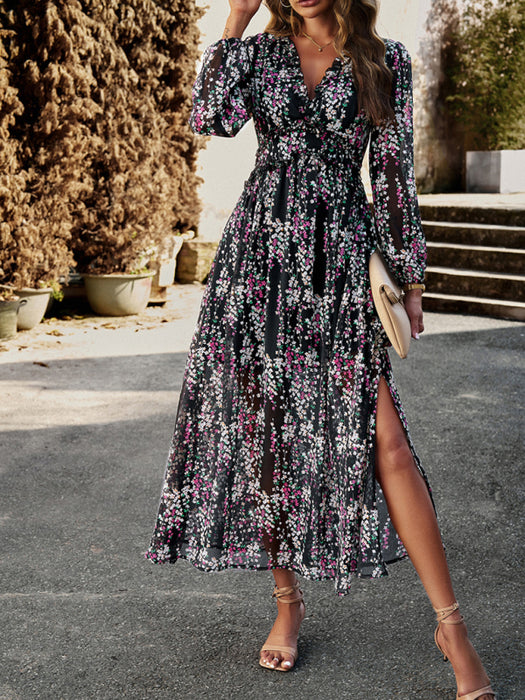 Elegant V-Neck Chiffon Dress with Long Sleeves - Autumn-Winter Wardrobe Essential
