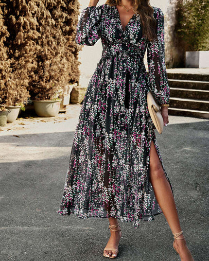 Chic Long Sleeve V-Neck Chiffon Dress - A Stylish Autumn-Winter Must-Have