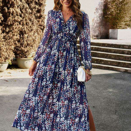 Chic Long Sleeve V-Neck Chiffon Dress - A Stylish Autumn-Winter Must-Have