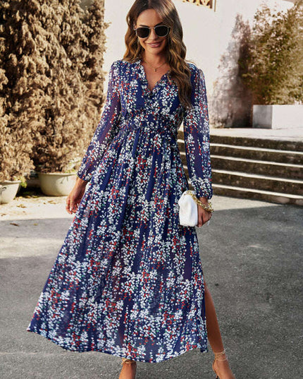 Chic Long Sleeve V-Neck Chiffon Dress - A Stylish Autumn-Winter Must-Have