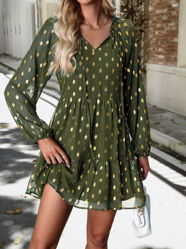 Elegant Long Sleeve Chiffon V-Neck Dress for Women - Fall Fashion