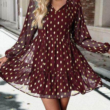 Elegant Long Sleeve Chiffon V-Neck Dress for Women - Fall Fashion