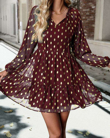 Elegant Long Sleeve Chiffon V-Neck Dress for Women - Fall Fashion