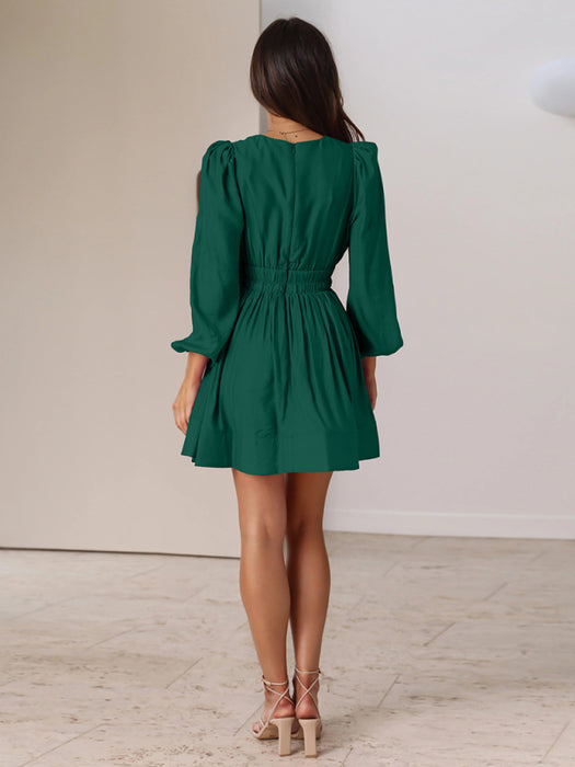 Chic V-Neck Pleated Dress with Long Sleeves - Elevate Your Wardrobe