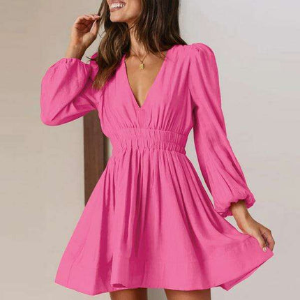Elegant Long Sleeve V-Neck Pleated Dress - Effortless Style