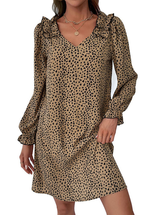 Leopard Print Loose Dress with Long Sleeves for Women