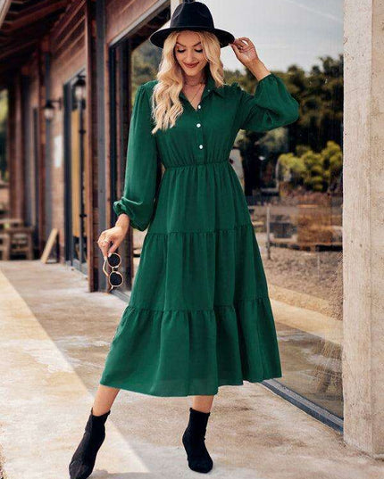 Chic Comfort: Long Sleeve Printed Shirt Dress with Button Detail
