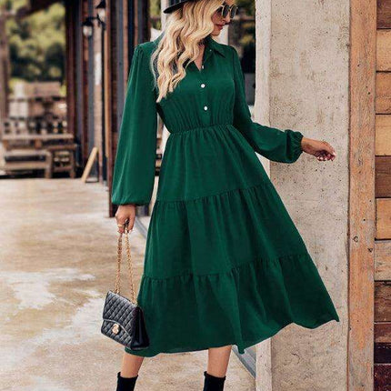 Chic Comfort: Long Sleeve Printed Shirt Dress with Button Detail
