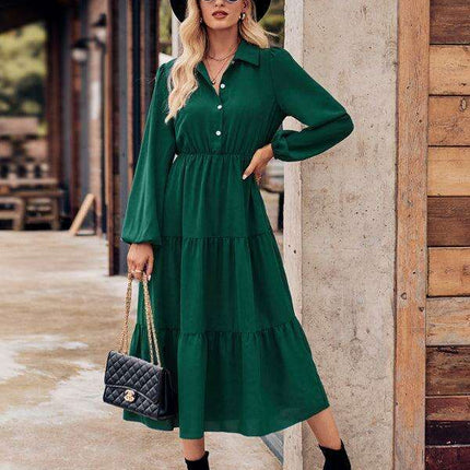 Chic Comfort: Long Sleeve Printed Shirt Dress with Button Detail