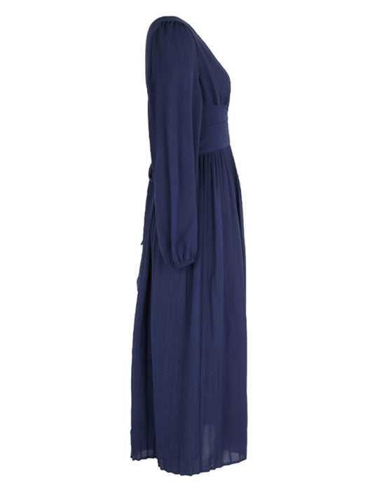 Elegant Solid Color Bandage Waist Slit Long Sleeve Dress for Women