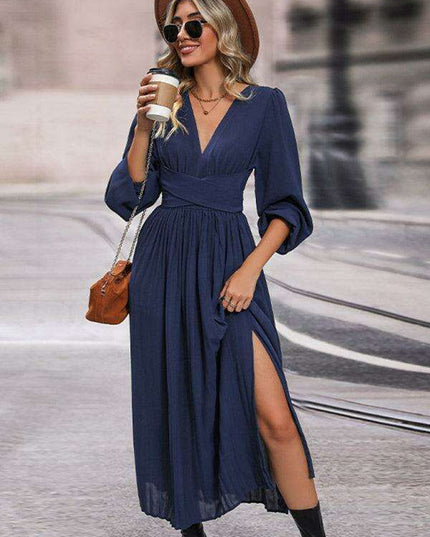Sophisticated Long Sleeve Bandage Waist Dress with Slit for Women