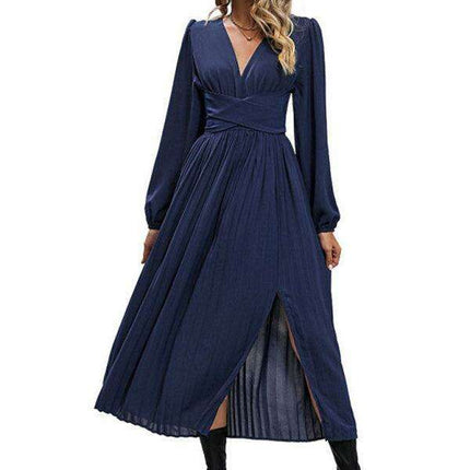 Sophisticated Long Sleeve Bandage Waist Dress with Slit for Women