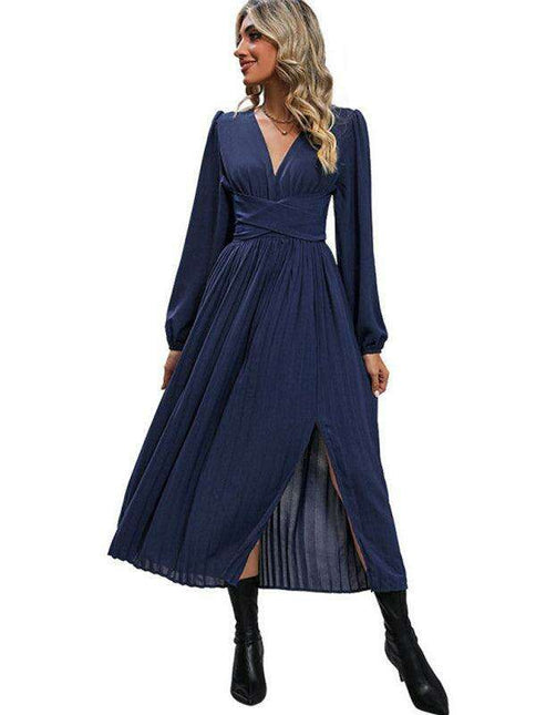 Sophisticated Long Sleeve Bandage Waist Dress with Slit for Women