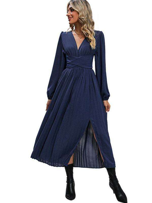 Sophisticated Long Sleeve Bandage Waist Dress with Slit for Women