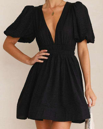 Elegant V-neck Lantern Sleeve Mini Dress