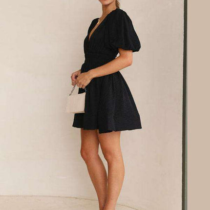 Elegant V-neck Lantern Sleeve Mini Dress