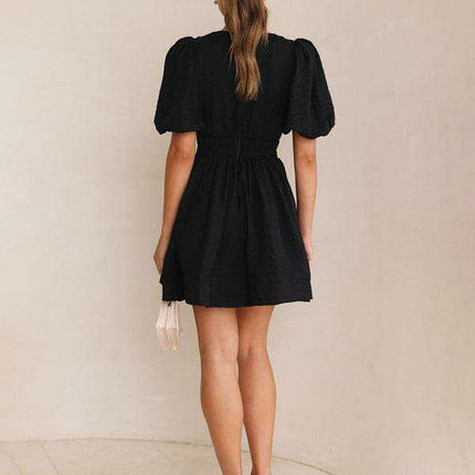 Elegant V-neck Lantern Sleeve Mini Dress